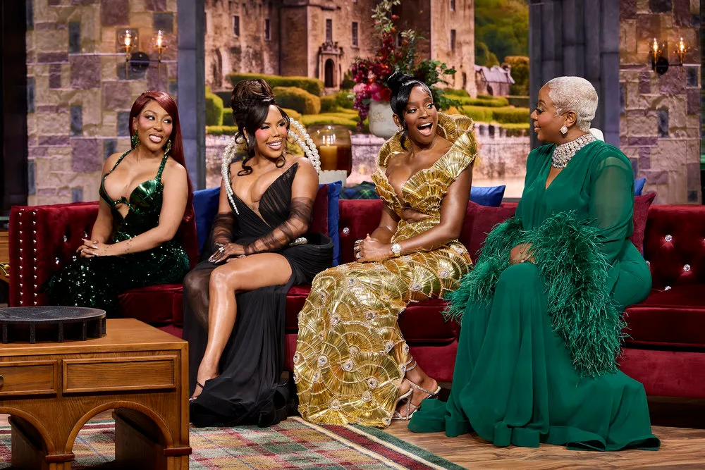 K. Michelle, Kelli Ferrell, Shamea Morton Mwangi, and Pinky Cole on stage for the RHOA Season 17 reunion 